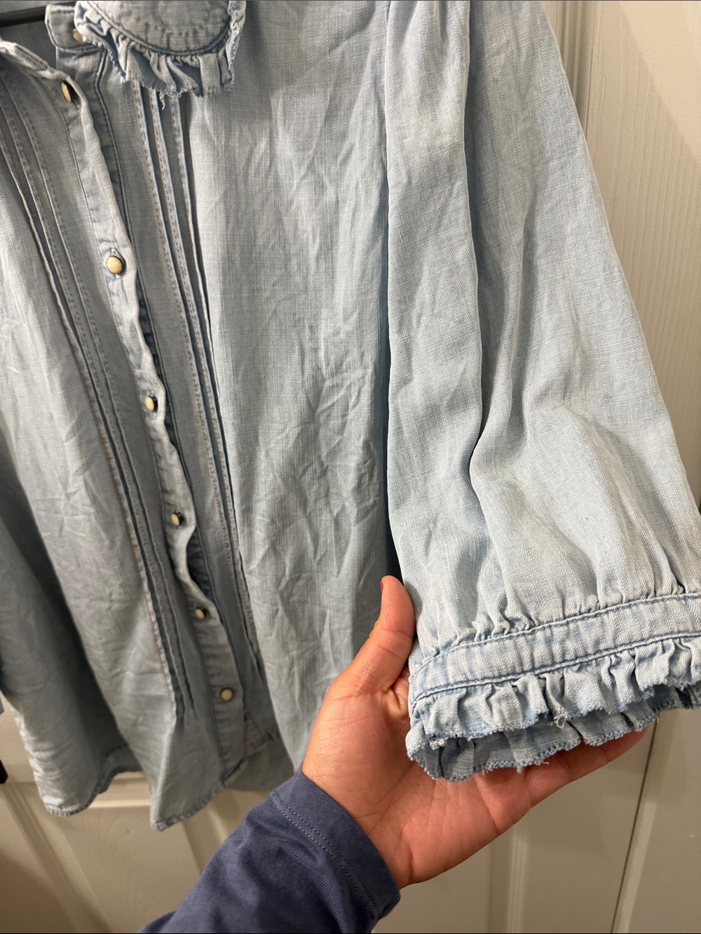 Democracy Light Blue Ruffle Collar Button-Front Shirt - Picture 2 of 4